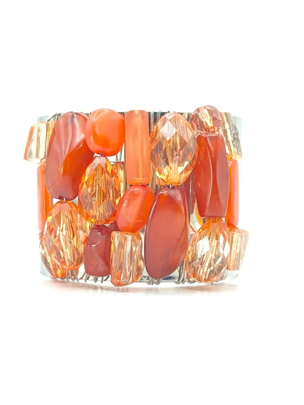 Vintage Carnelian Nugget & Amber Toned Resin Stone Silvertone Cuff